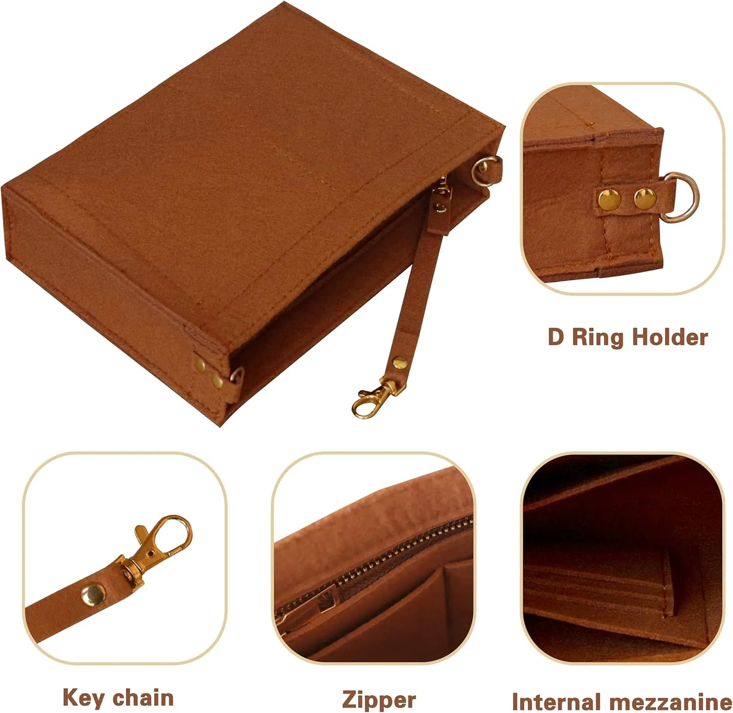 MISIXILE Felt Purse Insert Bag Organizer with Zipper And Gold Buckles,Handbag Organiser Insert fits Toiletry Pouch 19 26