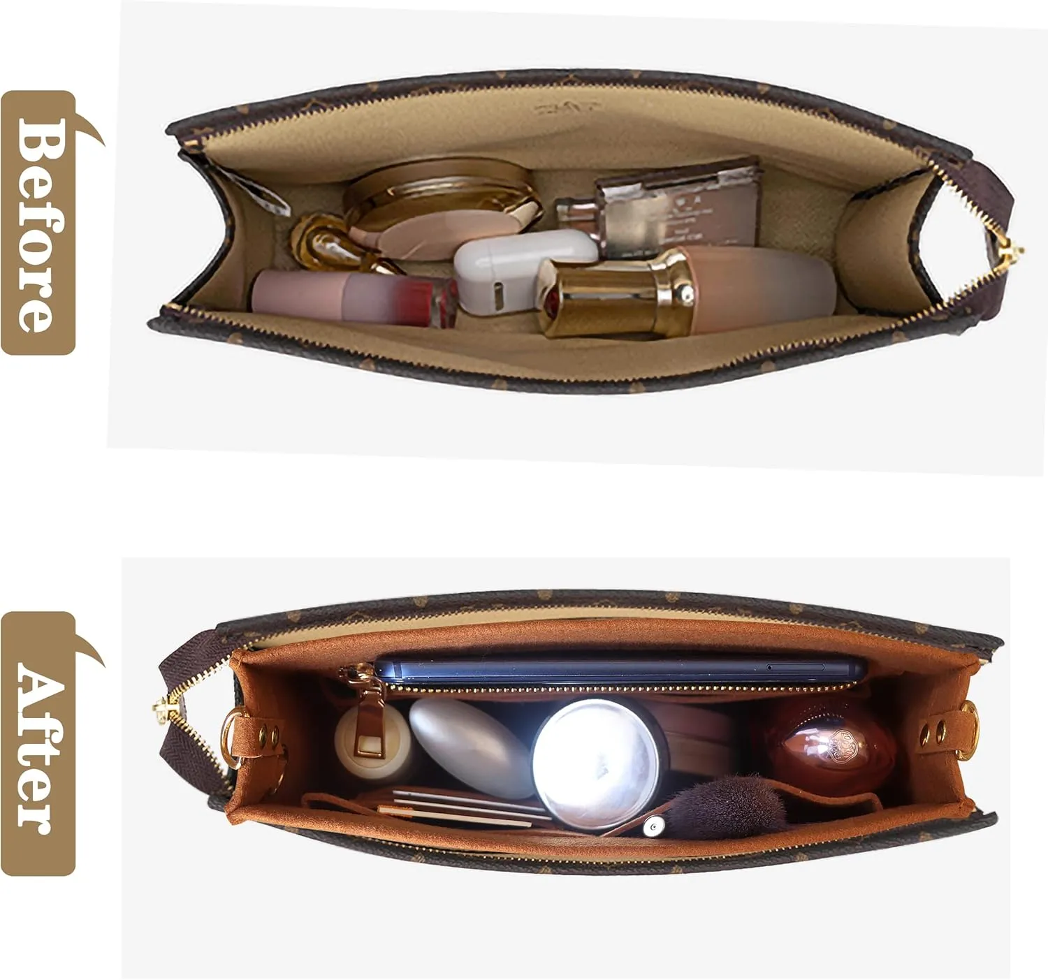 MISIXILE Felt Purse Insert Bag Organizer with Zipper And Gold Buckles,Handbag Organiser Insert fits Toiletry Pouch 19 26