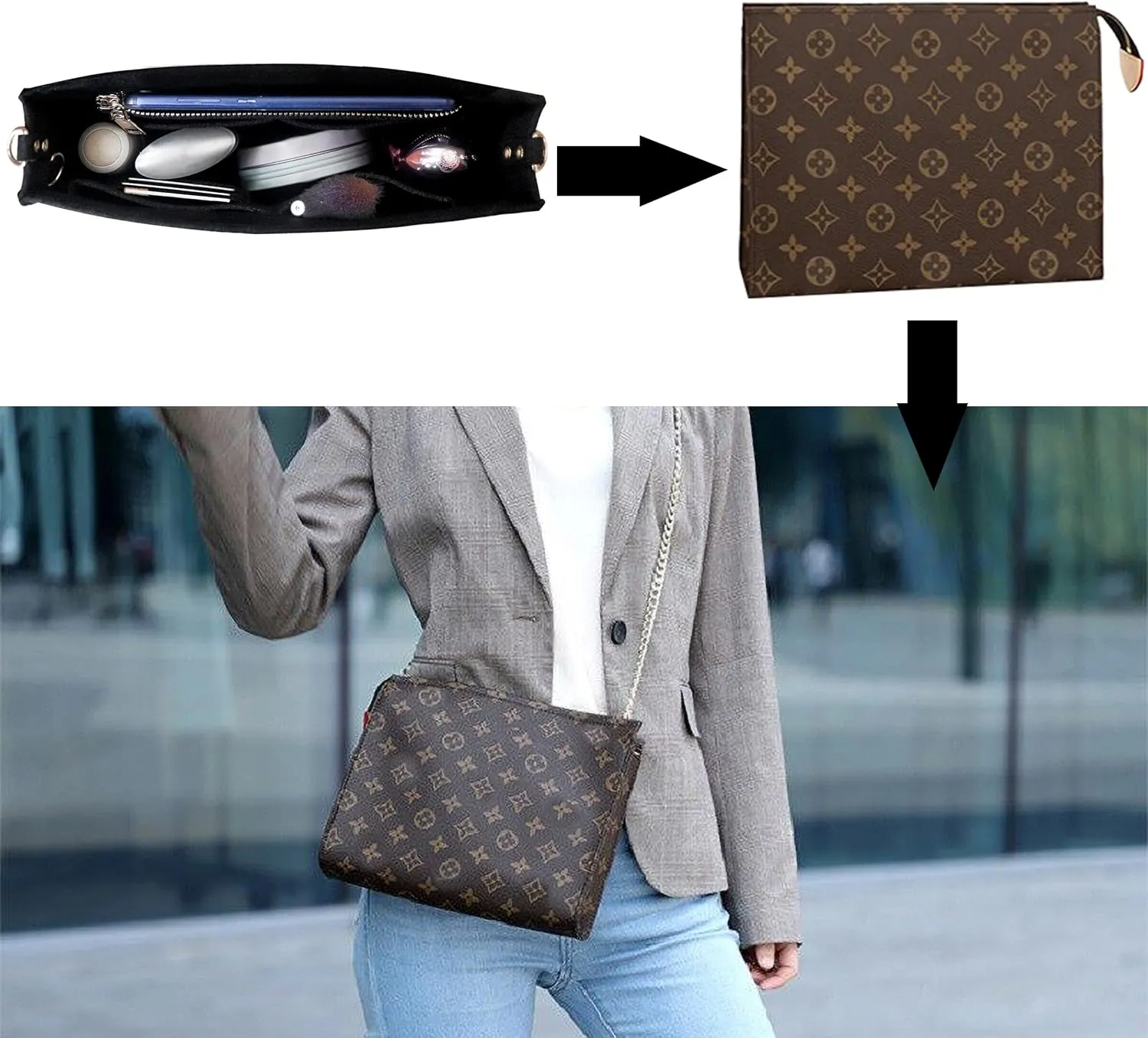 MISIXILE Felt Purse Insert Bag Organizer with Zipper And Gold Buckles,Handbag Organiser Insert fits Toiletry Pouch 19 26