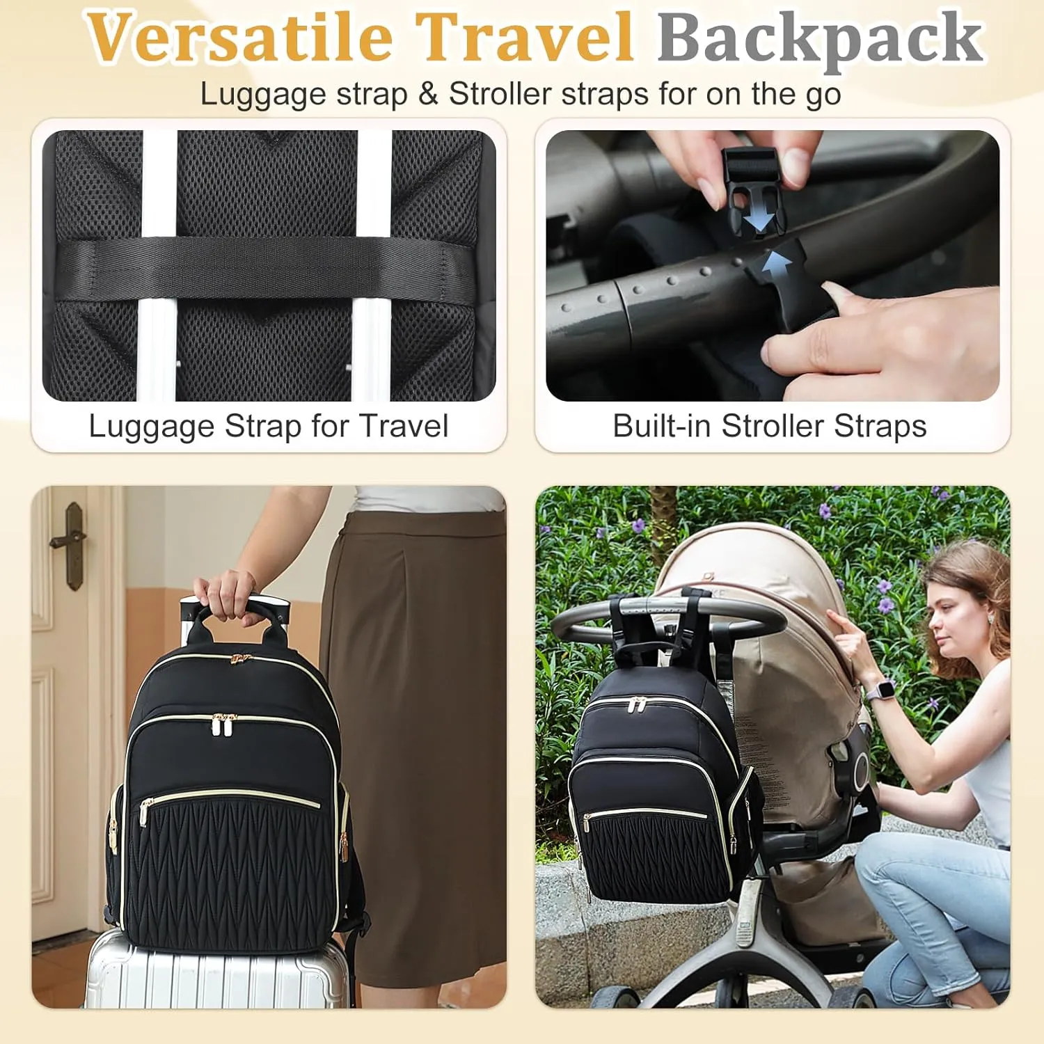 miss fong Diaper Bag Backpack - Baby Diaper Bag with Diaper Changing Pad Quilted Travel Diaper Backpack with 16 Pockets Waterproof Mommy Bag Large Baby Shower Gifts for Mom & Dad-Black
