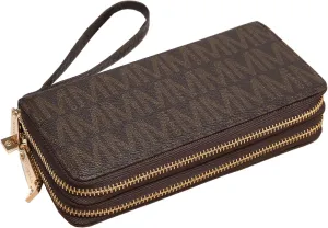 MKP COLLECTION Womens Fashion Double Zip Around Wallet Long Purse Credit Card Holder Bifold Ladies Cluth Wristlet Wrist Strap
