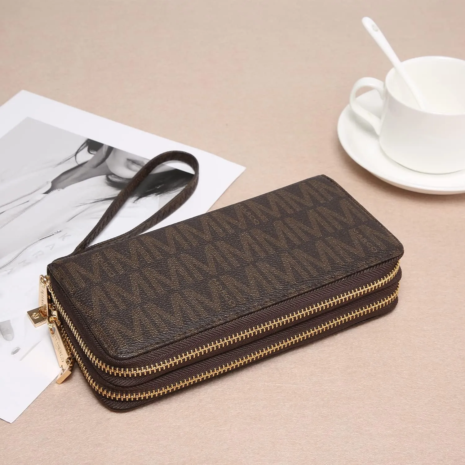 MKP COLLECTION Womens Fashion Double Zip Around Wallet Long Purse Credit Card Holder Bifold Ladies Cluth Wristlet Wrist Strap