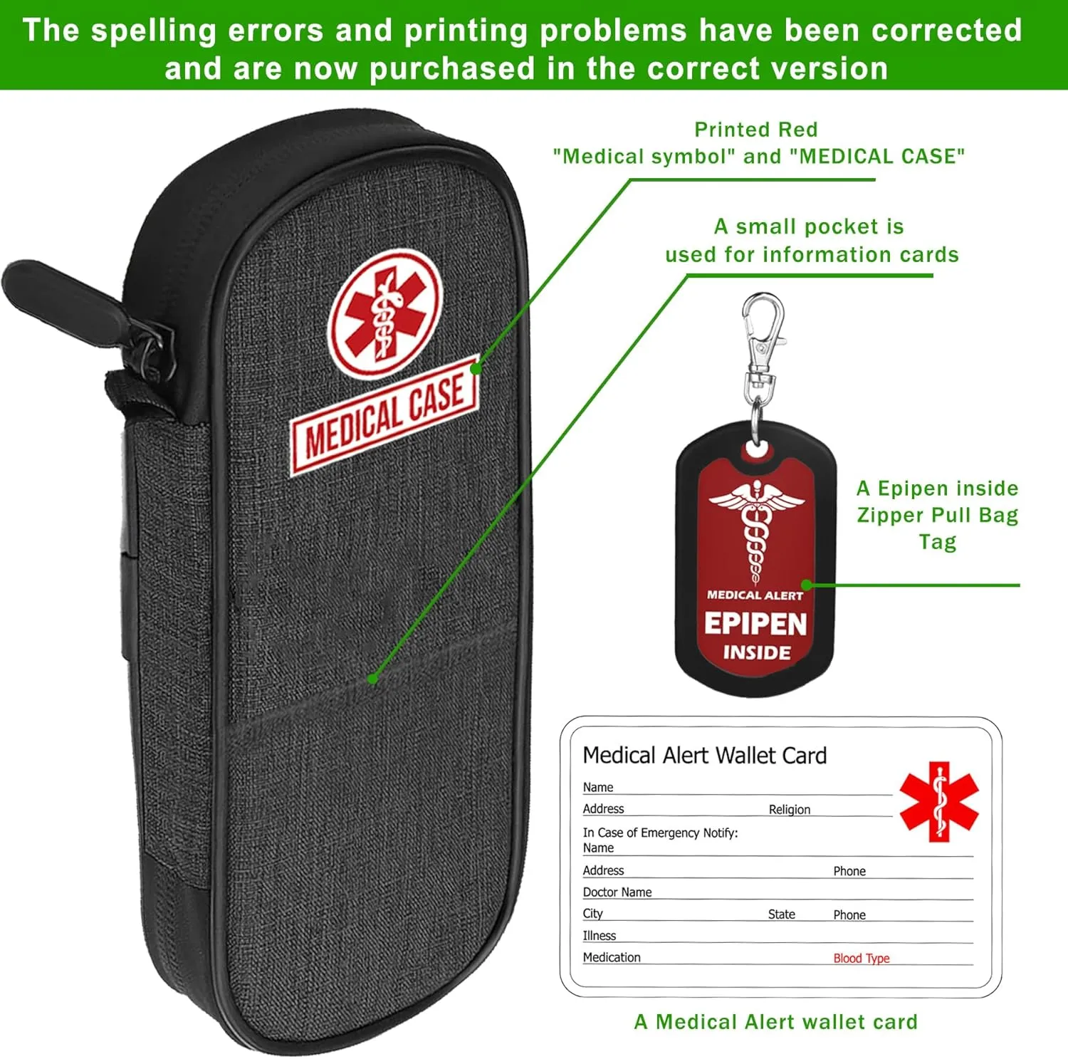 mnmoom Epipen carry case waterproof Insulated Travel Medication Organizer Bag with a Epipen Zipper Pull Bag Tag (Black)