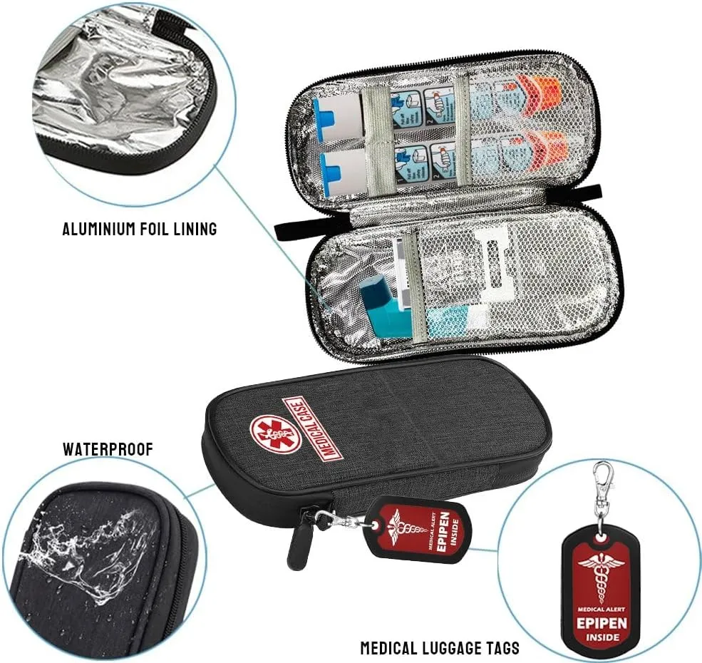 mnmoom Epipen carry case waterproof Insulated Travel Medication Organizer Bag with a Epipen Zipper Pull Bag Tag (Black)