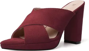 MODENCOCO Womens Sexy Evening Open Toe Slip On Platform Slide Suede Block High Heel Heeled Sandals 4 Inch