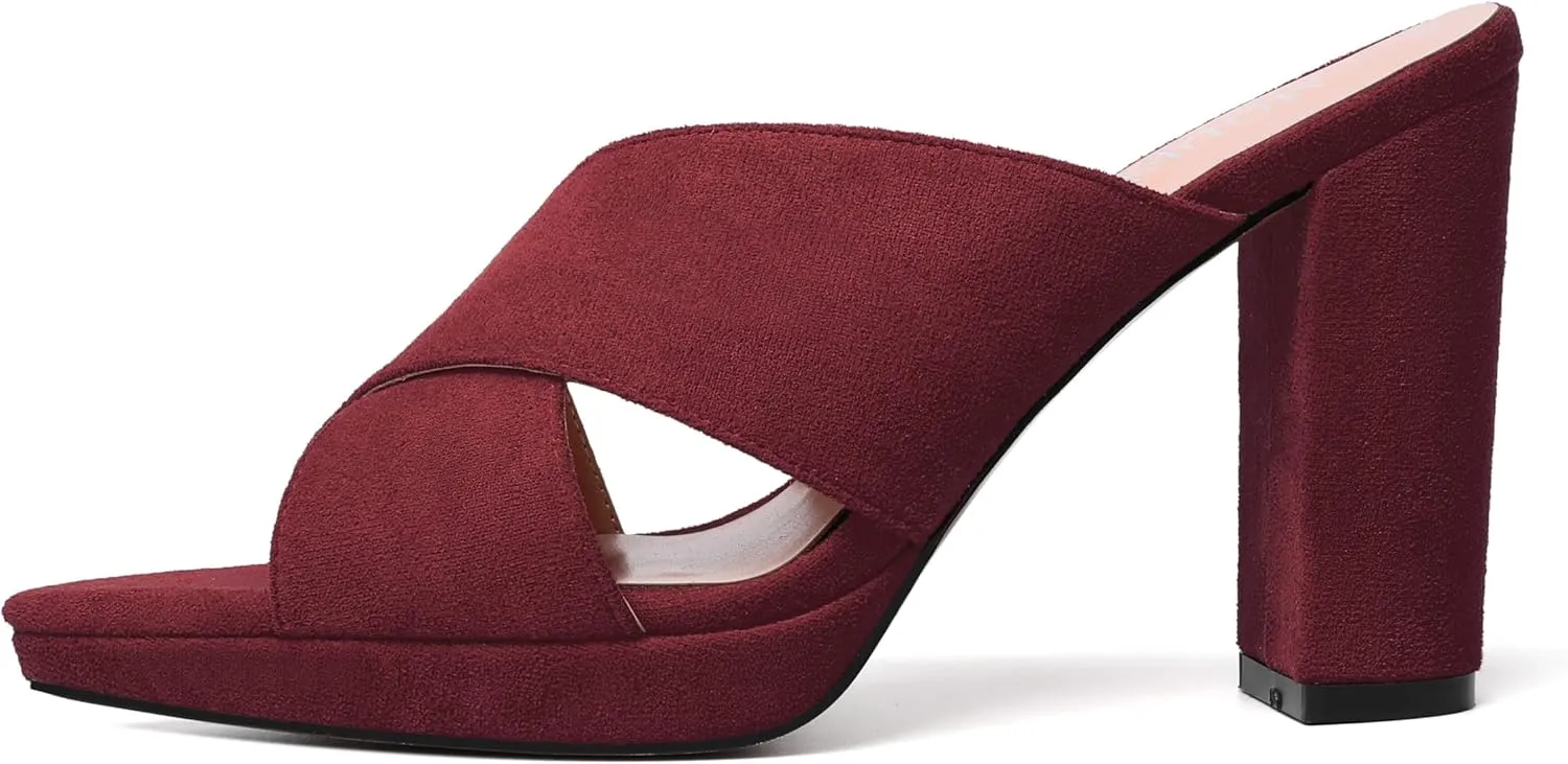 MODENCOCO Womens Sexy Evening Open Toe Slip On Platform Slide Suede Block High Heel Heeled Sandals 4 Inch