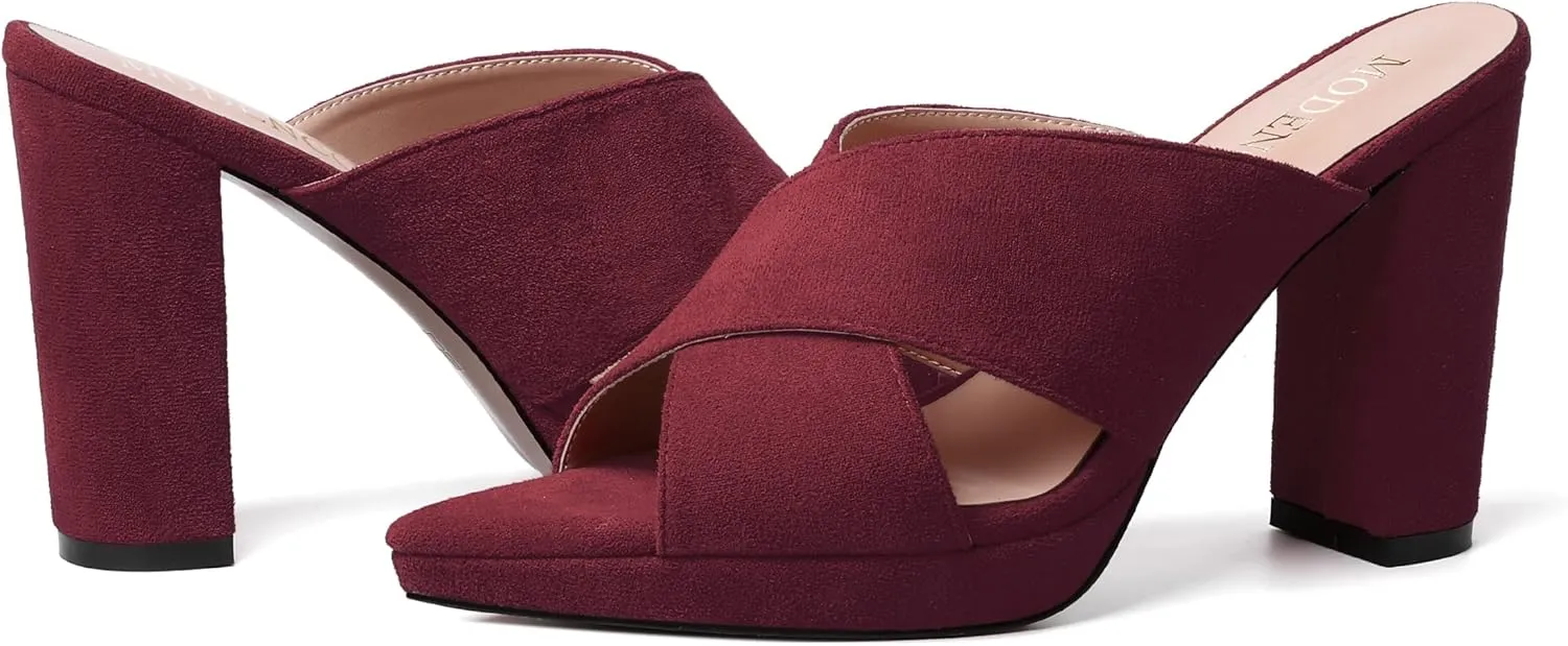 MODENCOCO Womens Sexy Evening Open Toe Slip On Platform Slide Suede Block High Heel Heeled Sandals 4 Inch