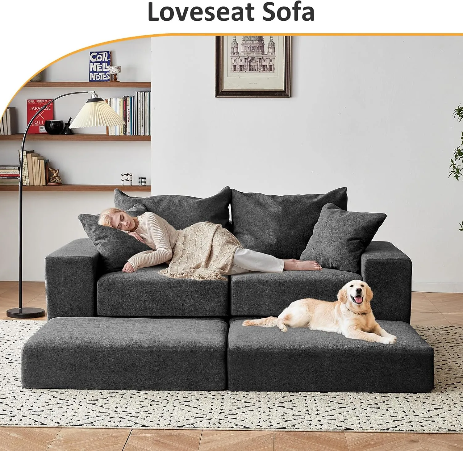 Modular Sectional Loveseat Sofa - Cloud Boneless Couch with Non Slip Base, Modern Sleeper Sofa for Customizable Living Spaces, Cozy Modular Couch for Indoor Room, No Assembly Required, Grey