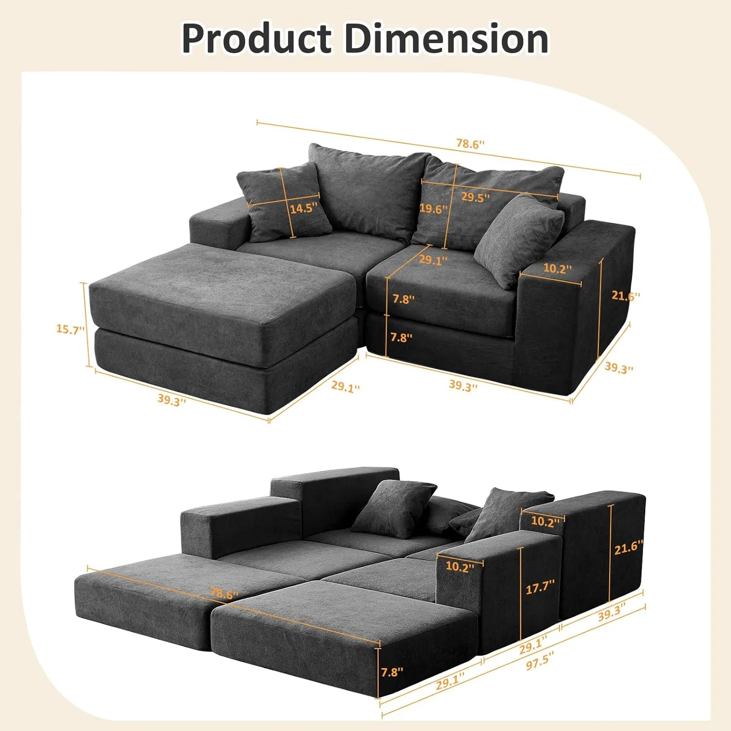 Modular Sectional Loveseat Sofa - Cloud Boneless Couch with Non Slip Base, Modern Sleeper Sofa for Customizable Living Spaces, Cozy Modular Couch for Indoor Room, No Assembly Required, Grey