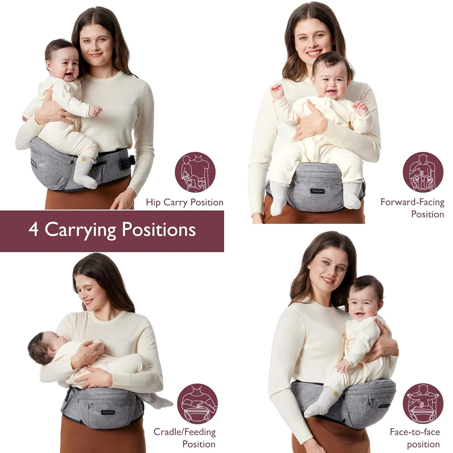 Momcozy Hip Seat Baby Carrier - Adjustable Waistband with Original 3D Belly Protector, Ergonomic Carrier with Various Pockets for Newborns & Toddlers up to 45lbs (Grey, Medium)
