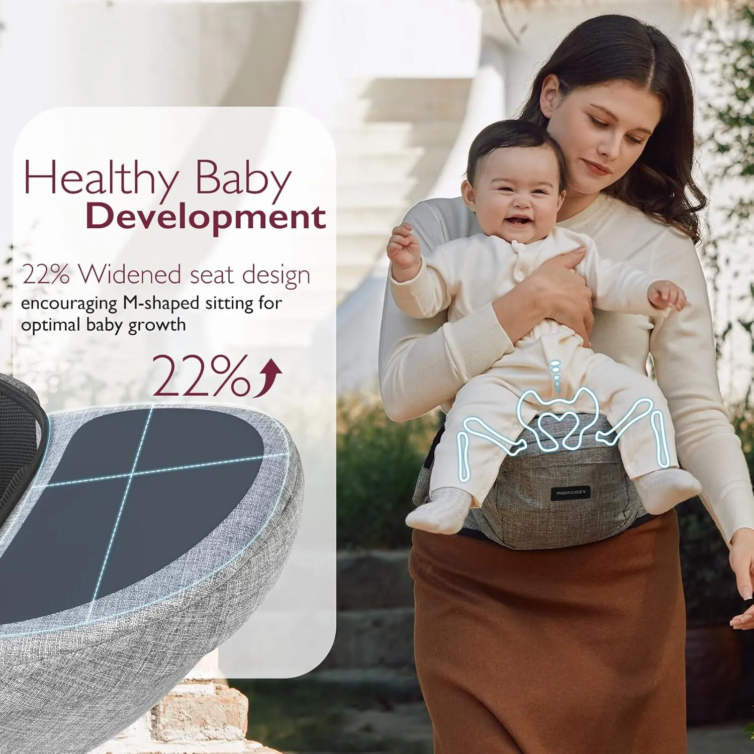Momcozy Hip Seat Baby Carrier - Adjustable Waistband with Original 3D Belly Protector, Ergonomic Carrier with Various Pockets for Newborns & Toddlers up to 45lbs (Grey, Medium)