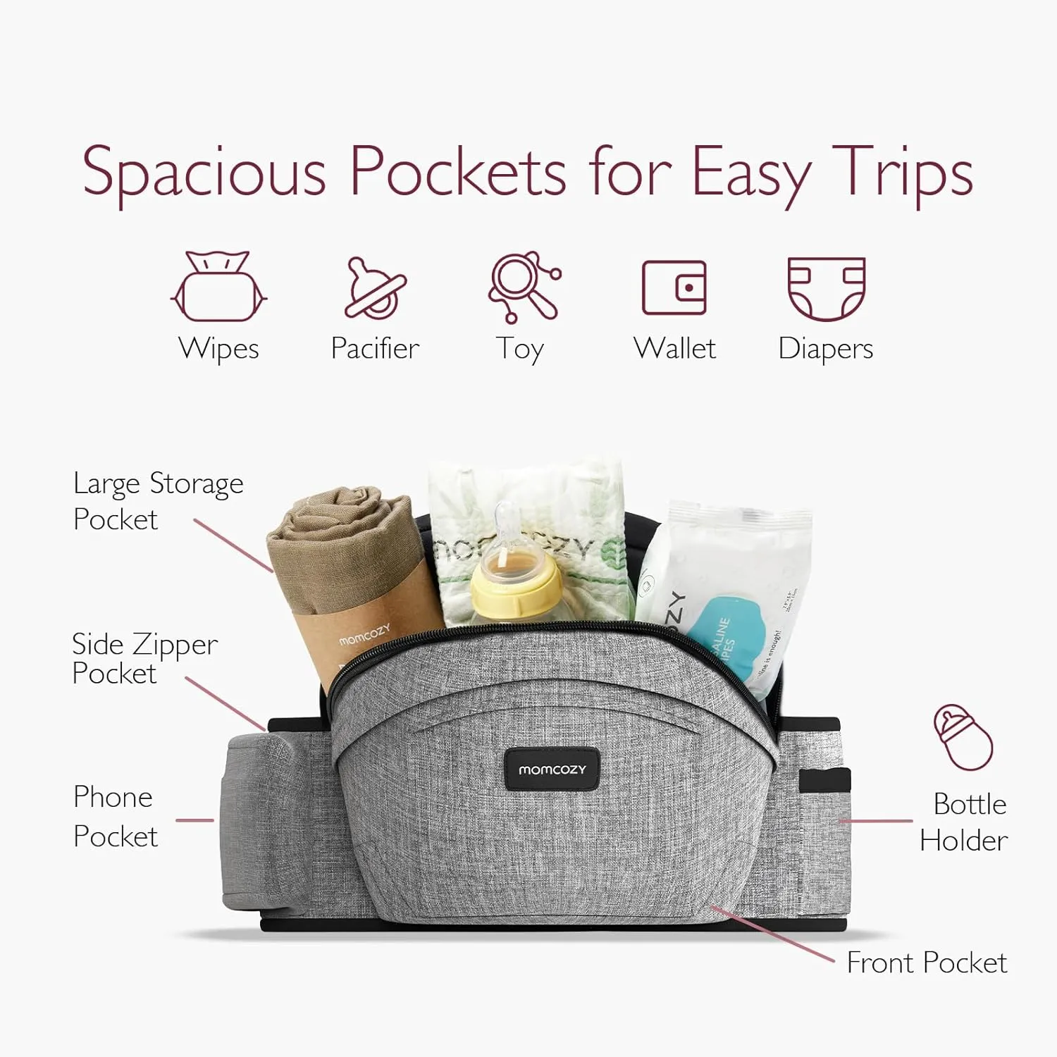 Momcozy Hip Seat Baby Carrier - Adjustable Waistband with Original 3D Belly Protector, Ergonomic Carrier with Various Pockets for Newborns & Toddlers up to 45lbs (Grey, Medium)