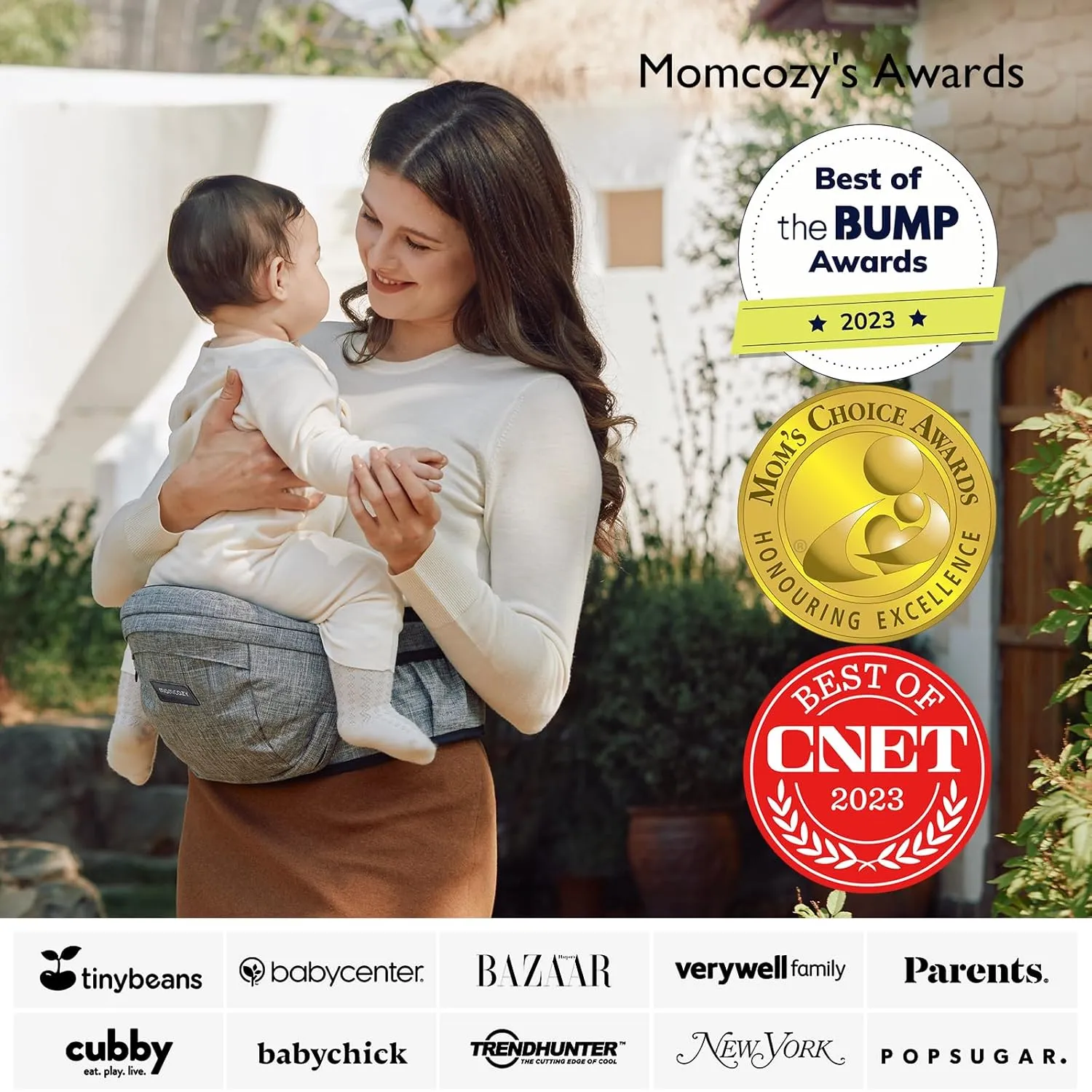 Momcozy Hip Seat Baby Carrier - Adjustable Waistband with Original 3D Belly Protector, Ergonomic Carrier with Various Pockets for Newborns & Toddlers up to 45lbs (Grey, Medium)