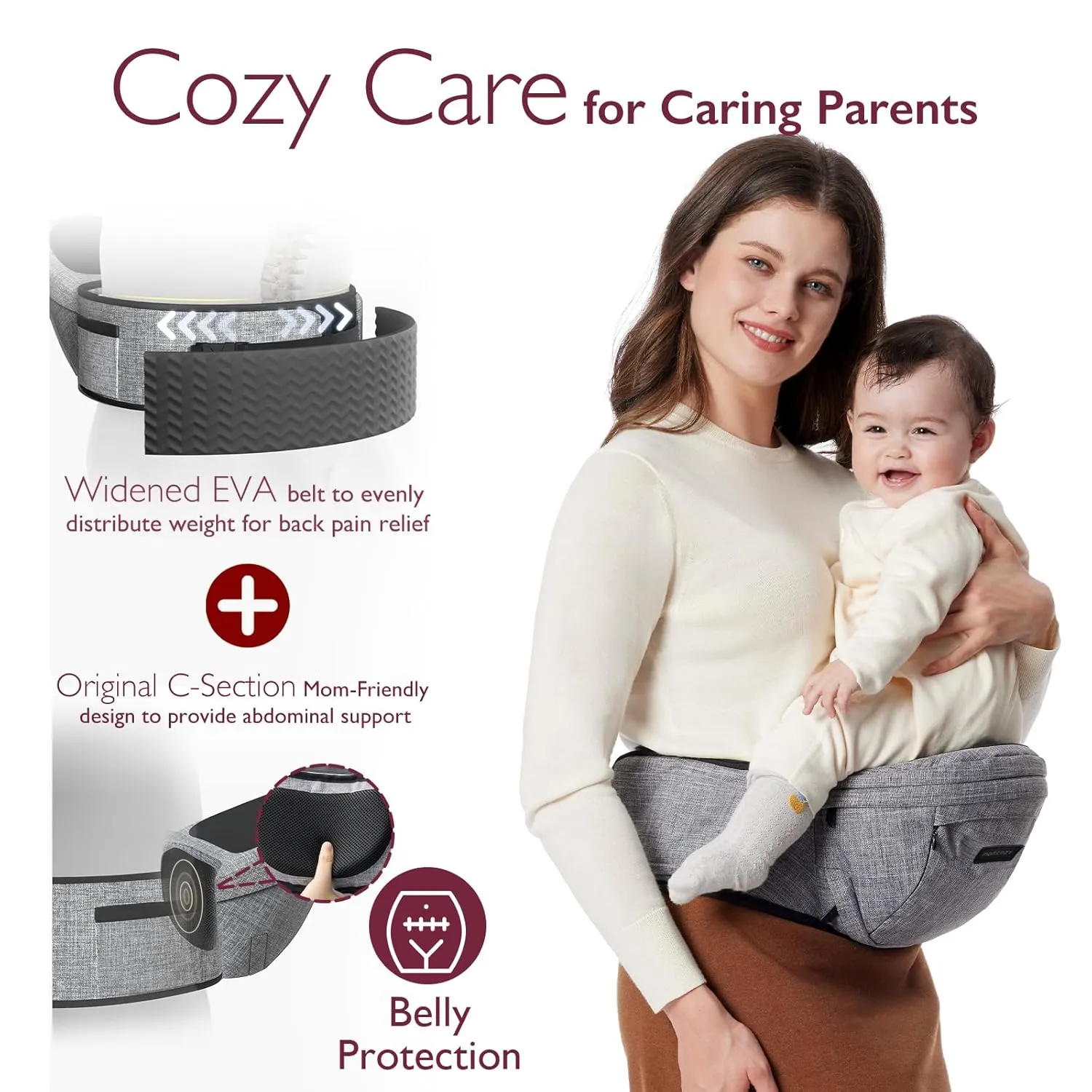 Momcozy Hip Seat Baby Carrier - Adjustable Waistband with Original 3D Belly Protector, Ergonomic Carrier with Various Pockets for Newborns & Toddlers up to 45lbs (Grey, Medium)