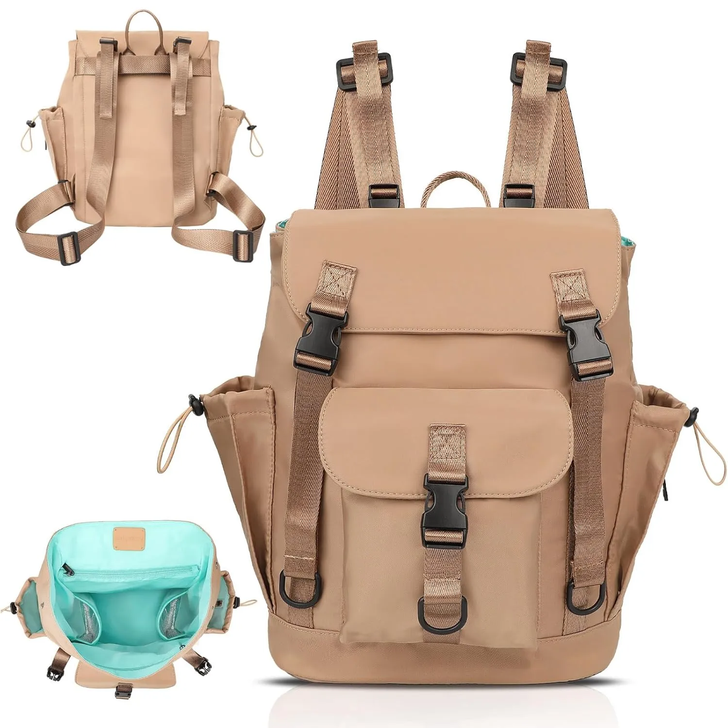 MOMINSIDE Diaper Bag Backpack with Large Wet Pocket, Small Diaper Bag Backpack Mini Baby Bag for Girls Boys, 9 Pockets, Stroller Straps (Kaki)