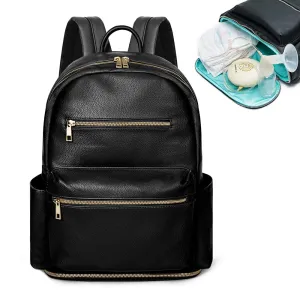MOMINSIDE Small Diaper Bag Backpack, 13 Pockets Leather Mini Baby Bag Backpack, Breast Pump Bag, 13 Inch Laptop Sleeve, 2 Insulated Pockets, Bottom Compartment(Black)