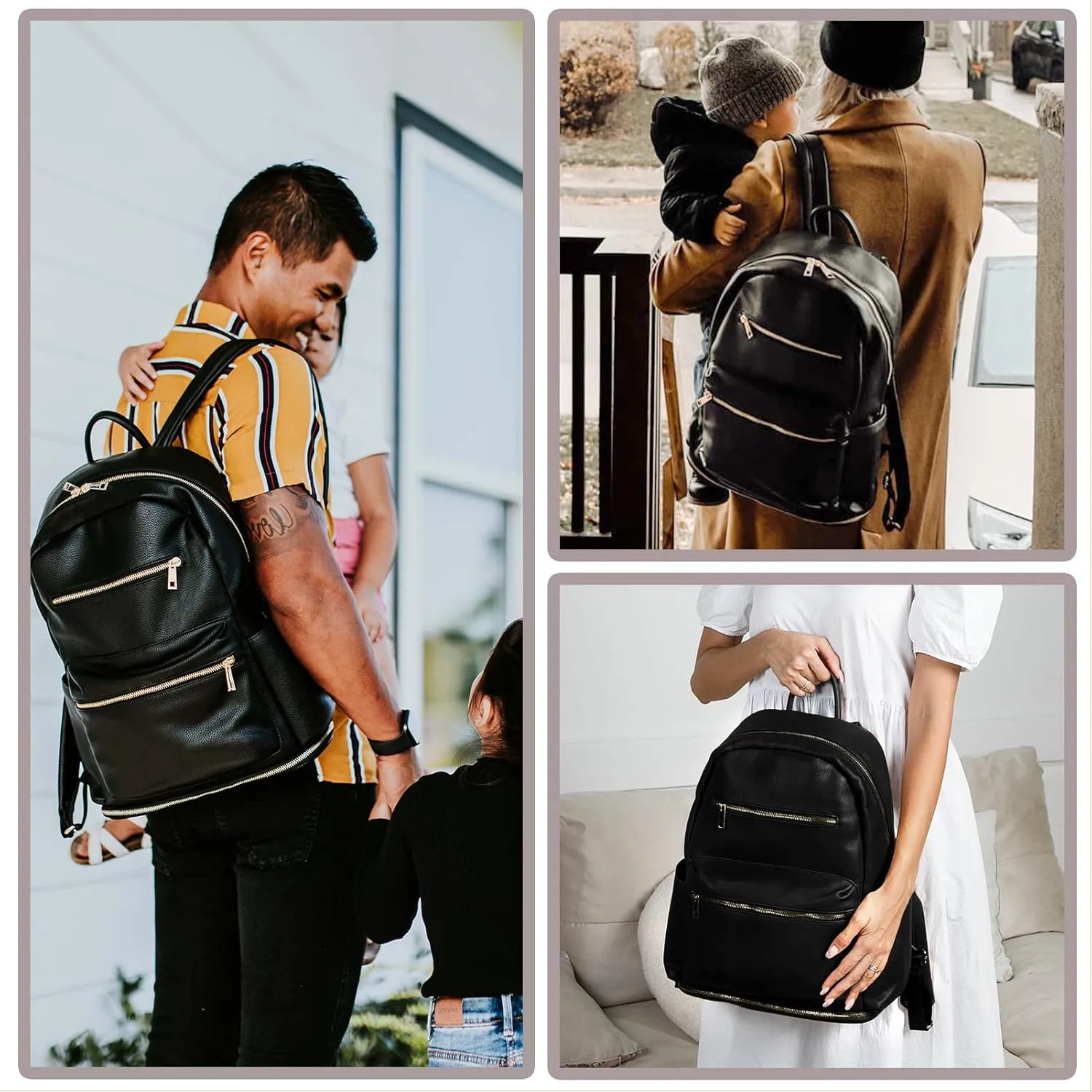 MOMINSIDE Small Diaper Bag Backpack, 13 Pockets Leather Mini Baby Bag Backpack, Breast Pump Bag, 13 Inch Laptop Sleeve, 2 Insulated Pockets, Bottom Compartment(Black)