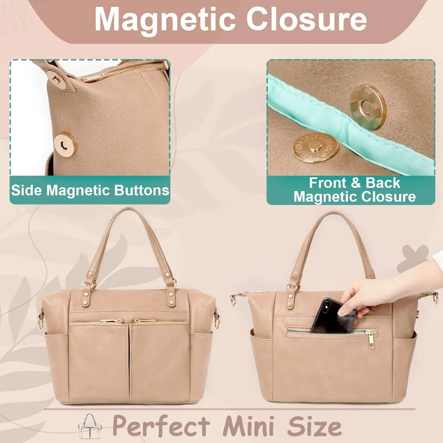 MOMINSIDE Small Diaper Bag, Mini Diaper Tote, Leather Diaper Bag Purse, Crossbody Baby Bag with 13 Pockets, Diaper Clutch for Women Mom, 2 Insulated Pockets(Camel)