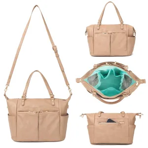 MOMINSIDE Small Diaper Bag, Mini Diaper Tote, Leather Diaper Bag Purse, Crossbody Baby Bag with 13 Pockets, Diaper Clutch for Women Mom, 2 Insulated Pockets(Camel)