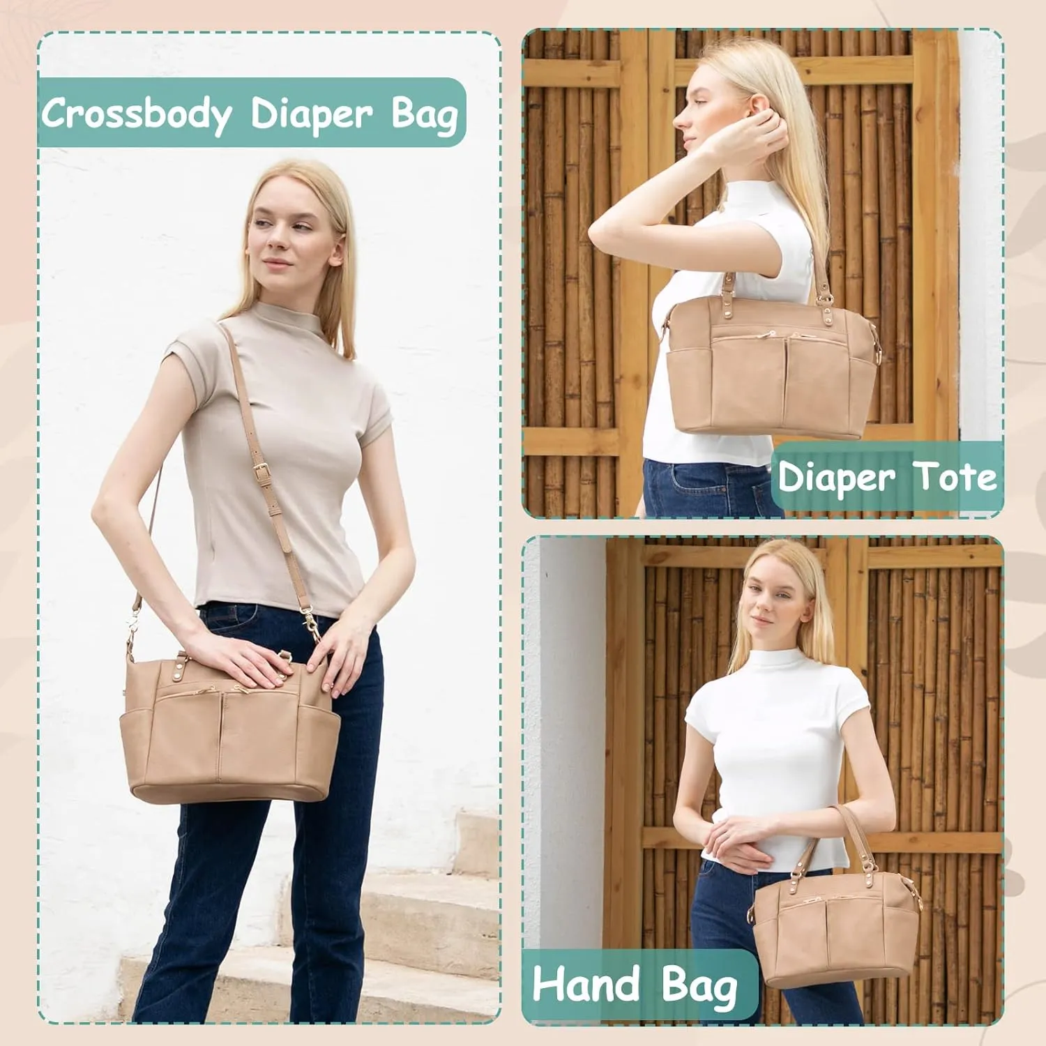 MOMINSIDE Small Diaper Bag, Mini Diaper Tote, Leather Diaper Bag Purse, Crossbody Baby Bag with 13 Pockets, Diaper Clutch for Women Mom, 2 Insulated Pockets(Camel)