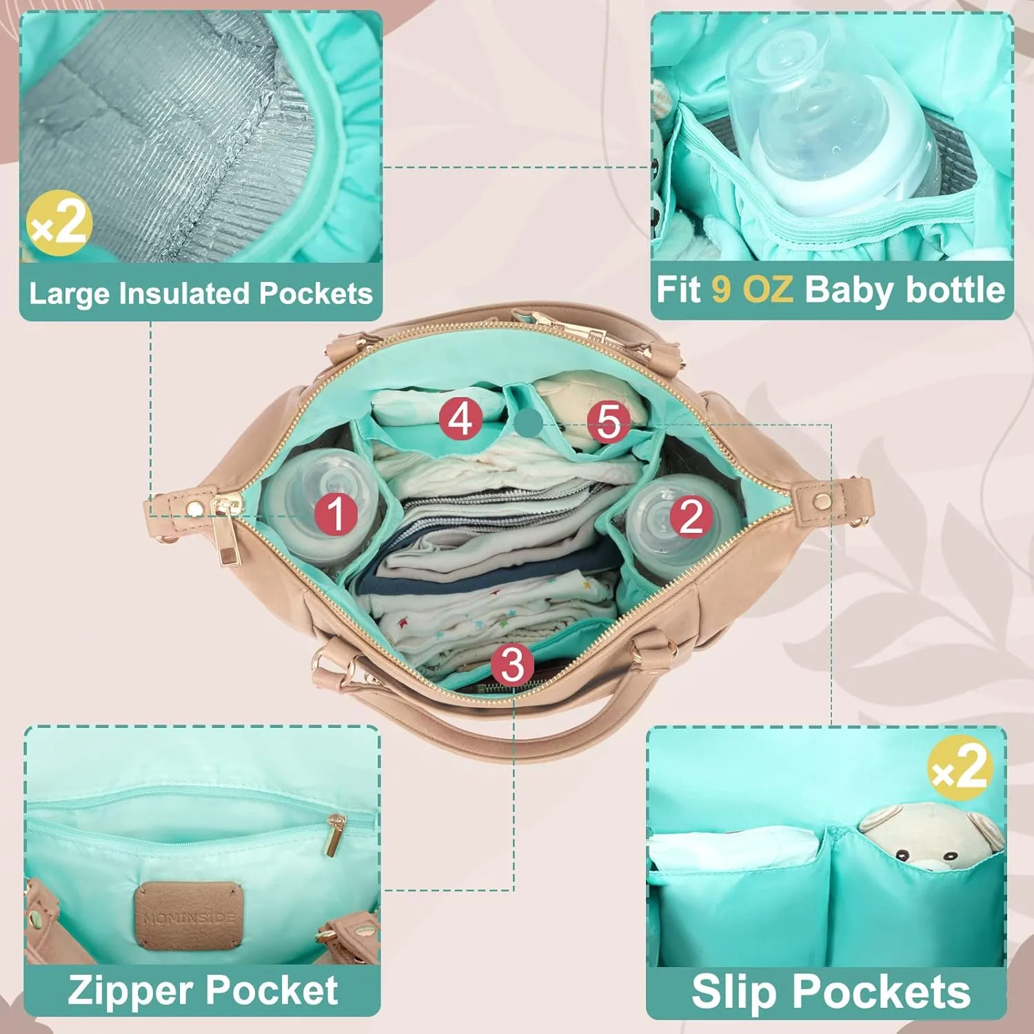 MOMINSIDE Small Diaper Bag, Mini Diaper Tote, Leather Diaper Bag Purse, Crossbody Baby Bag with 13 Pockets, Diaper Clutch for Women Mom, 2 Insulated Pockets(Camel)