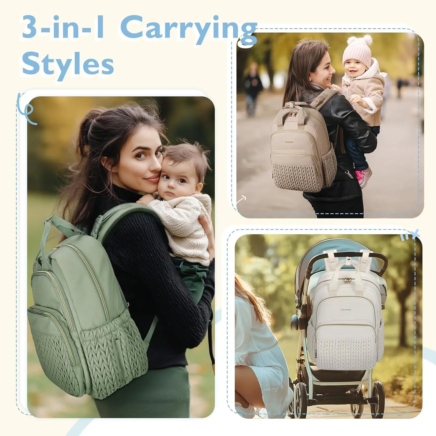 mommore Diaper Bag Backpack Large Baby Bag for Boys Girls Quilted Travel Diaper Backpack with Changing Pad, Stroller Straps