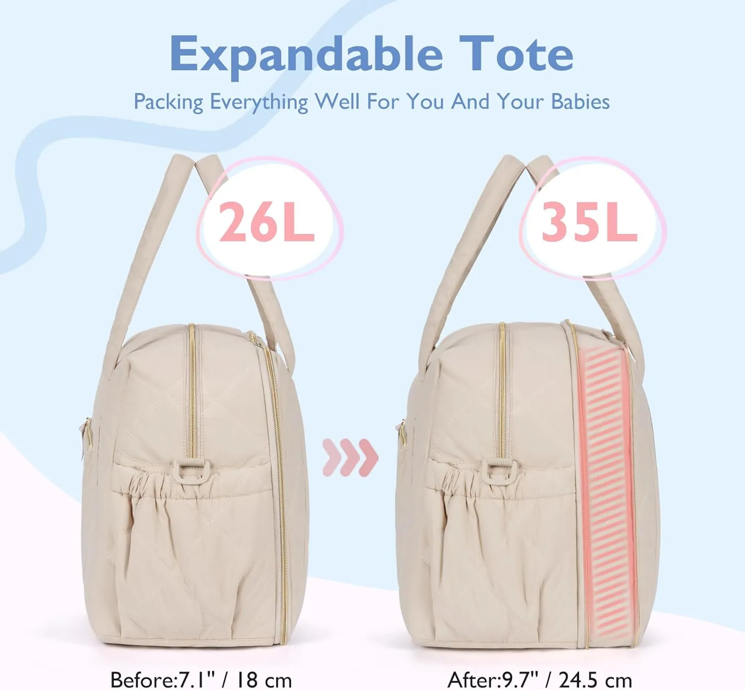 mommore Diaper Bag Tote Large Expandable Baby Travel Tote for 2 Kids Twins, Quilted Hospital Bag for Mom, Weekender