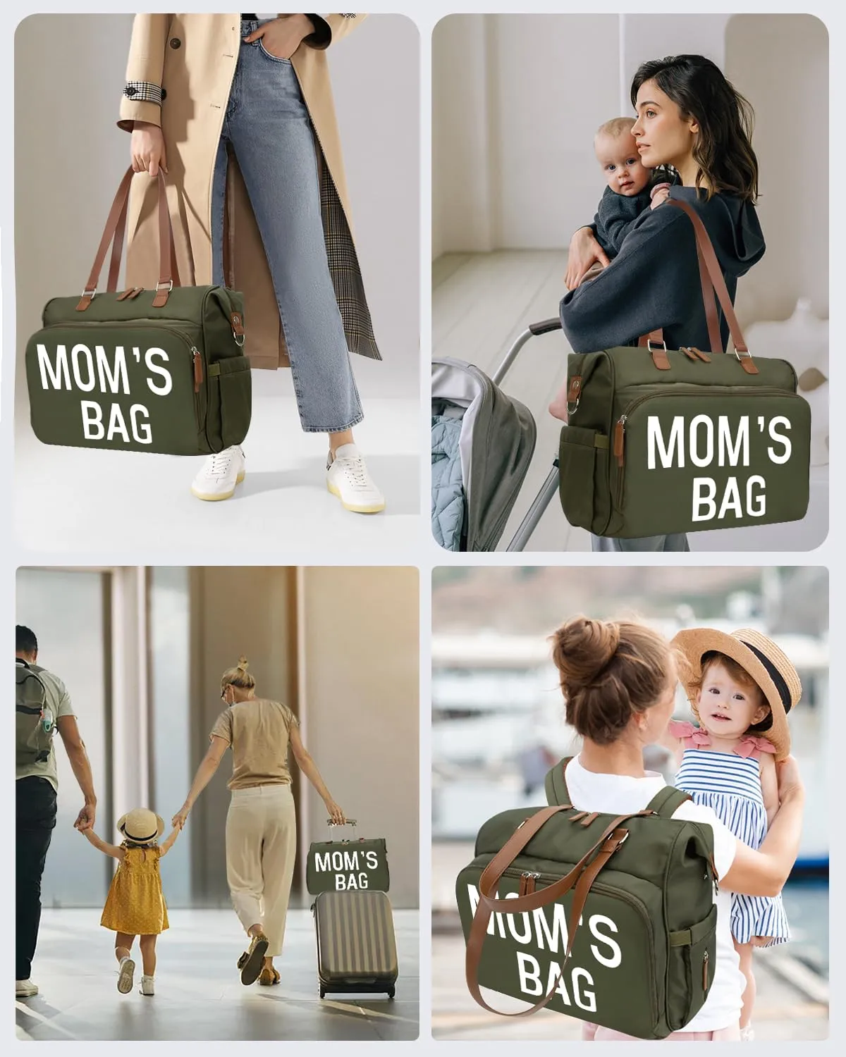 Mom‘s Diaper Bag 4 in 1 Diaper Baby Tote, Hospital Bag for Labor & Delivery, Large Waterproof Baby Travel Weekender with 3 Insulated Pockets,Olive Green