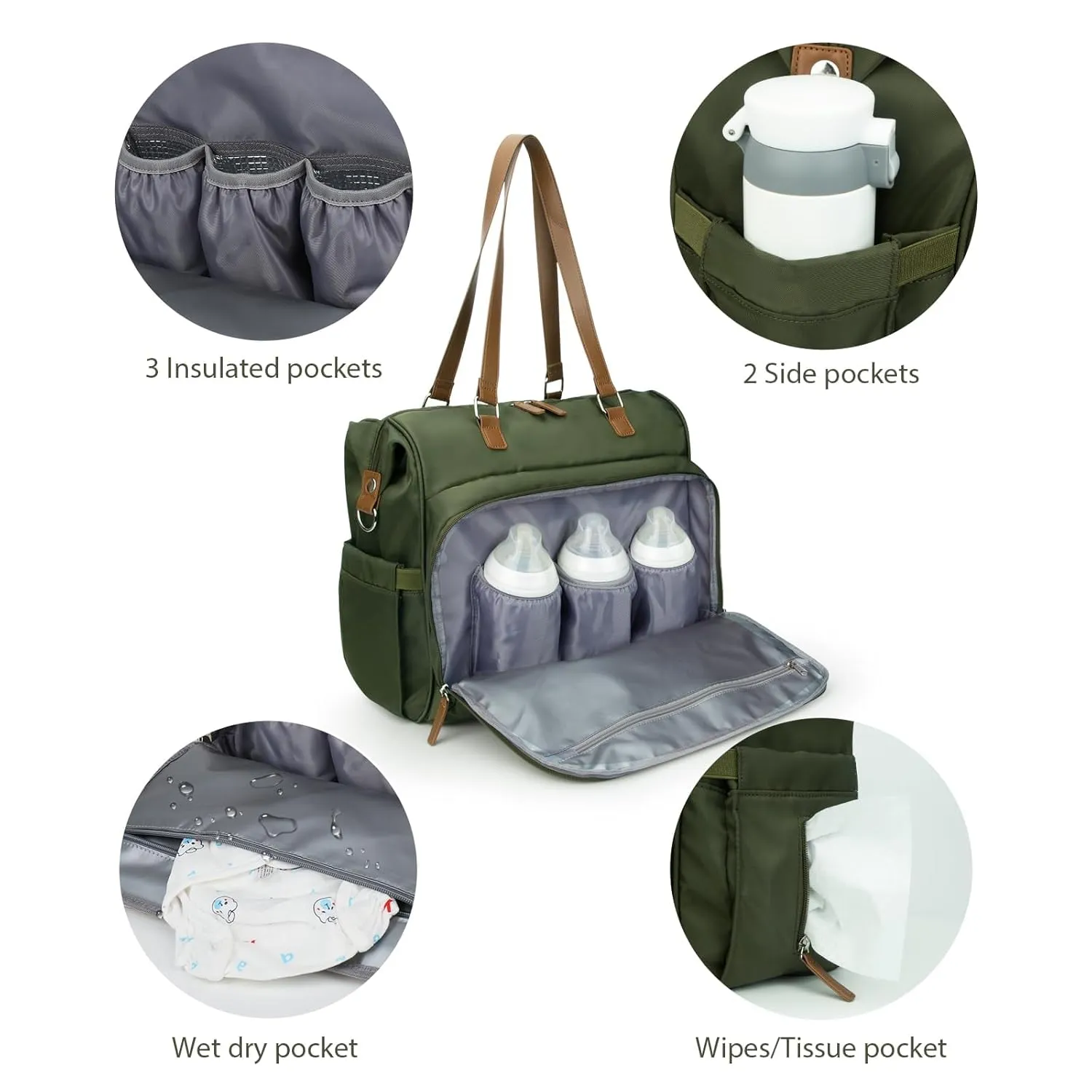 Mom‘s Diaper Bag 4 in 1 Diaper Baby Tote, Hospital Bag for Labor & Delivery, Large Waterproof Baby Travel Weekender with 3 Insulated Pockets,Olive Green