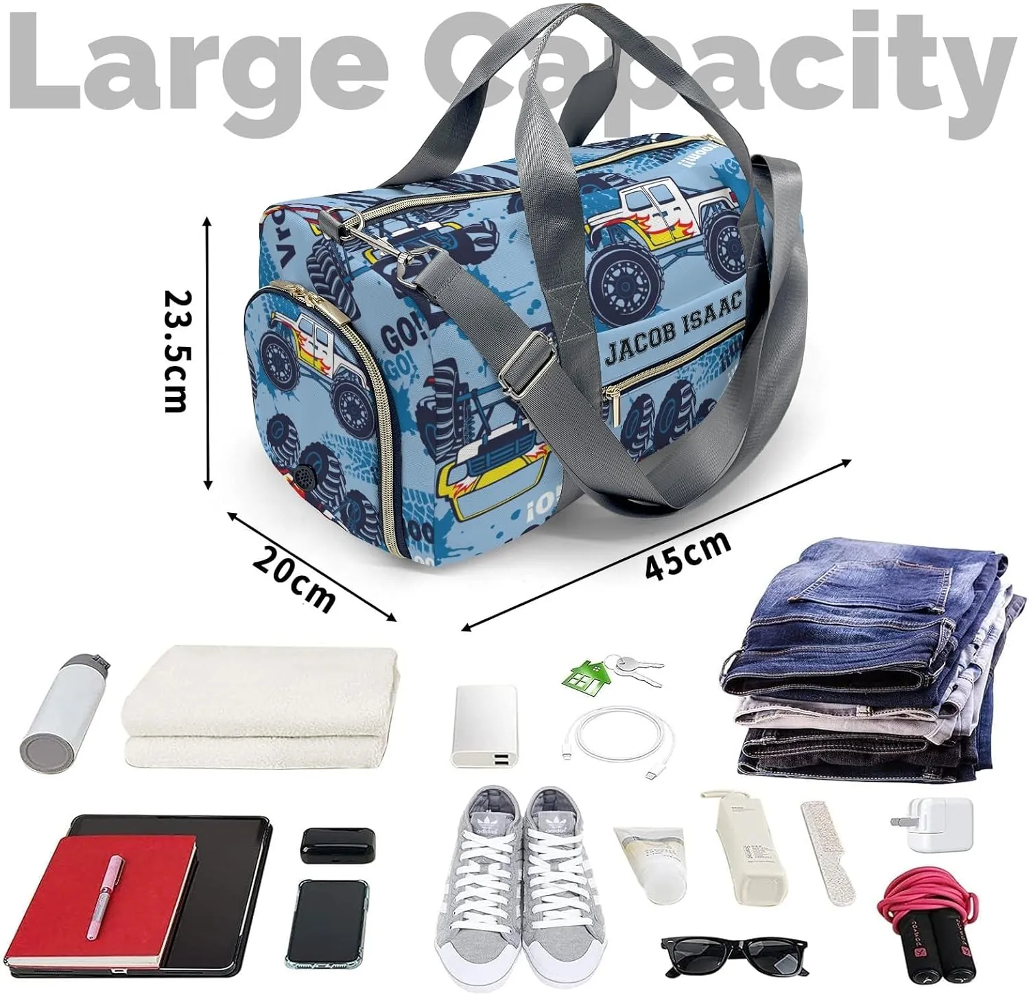 Monster Truck Cars Personalized Duffel Bags Customized Multi-Function Travel Bag Gym Sports Bag Dance Ballet Overnight Carry On Weekend Bag