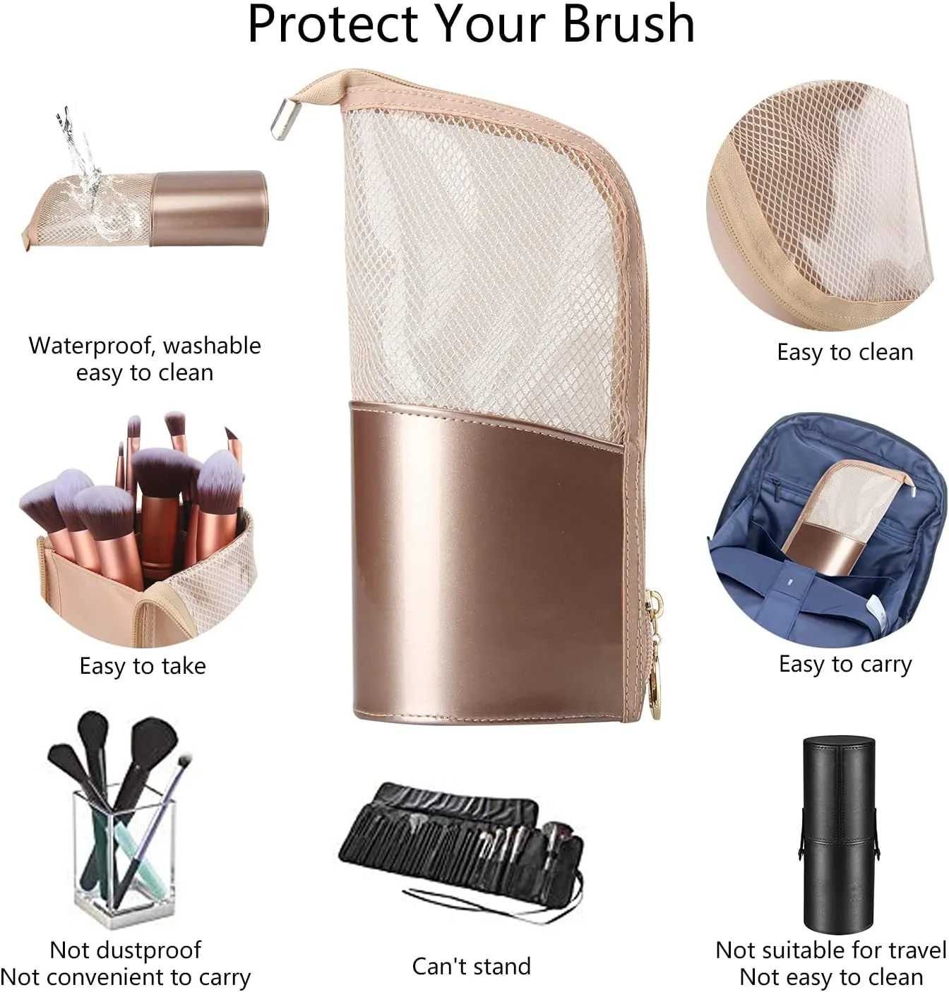 MONSTINA Travel Makeup Brush Bag, Portable Rose Gold Makeup Brush Holder Organizer Bag Waterproof Stand-Up Makeup Brush Pouch,Professional Artist Makeup Brush Case…