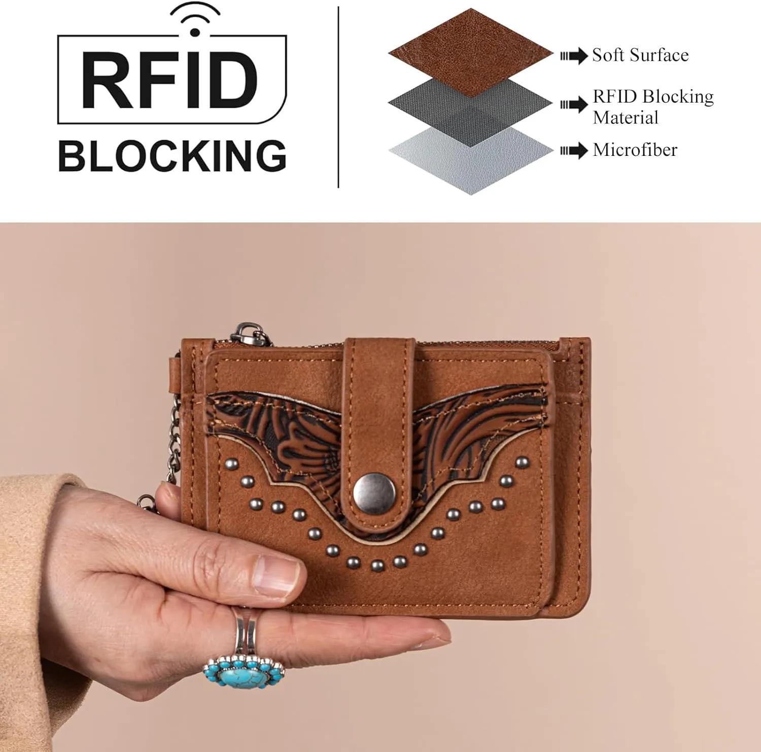 Montana West Credit Card Holder for Women Western Studded Card Wallet with Rfid Linling Bifold Small Keychain Wallet with Zipper Coin Pocket, Minimalist & Compact Easy to Carry