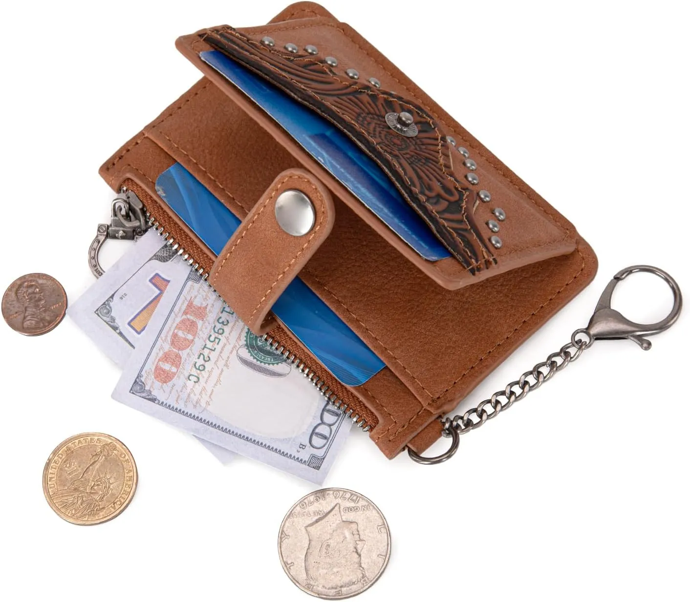 Montana West Credit Card Holder for Women Western Studded Card Wallet with Rfid Linling Bifold Small Keychain Wallet with Zipper Coin Pocket, Minimalist & Compact Easy to Carry