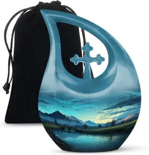 Mountains Adult Urns for Human Ashes Women and Men - Midnight Blue Large Cross Drop Funeral Urn for Ashes for Mom and Dad Cremation with Velvet Bag 10 Inch - Urn for Daughter & Son