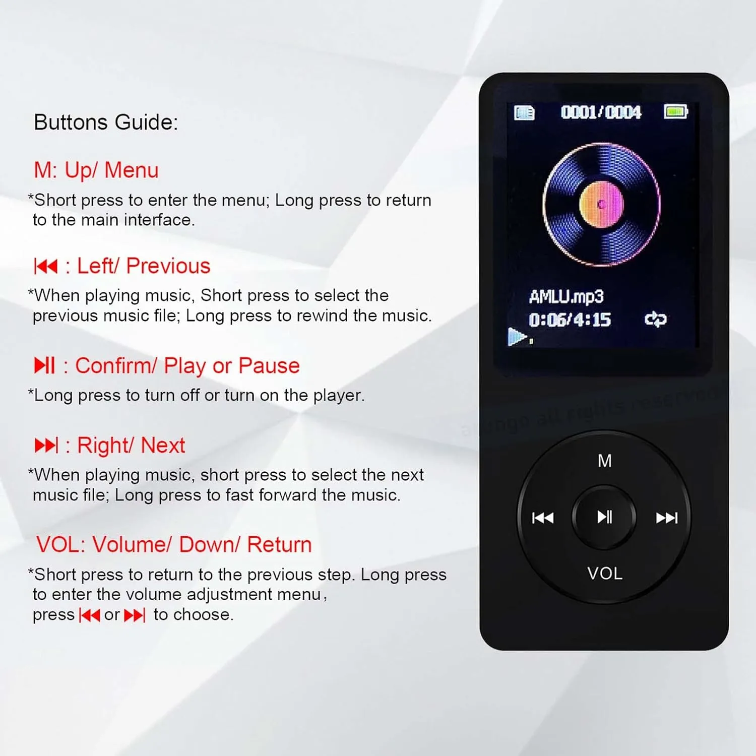 MP3 Player 32GB with Speaker Earphone Portable HiFi Lossless Sound MP3 Mini Music Player Voice Recorder E-Book HD Screen 1.8 inch Black Support up to 128GB