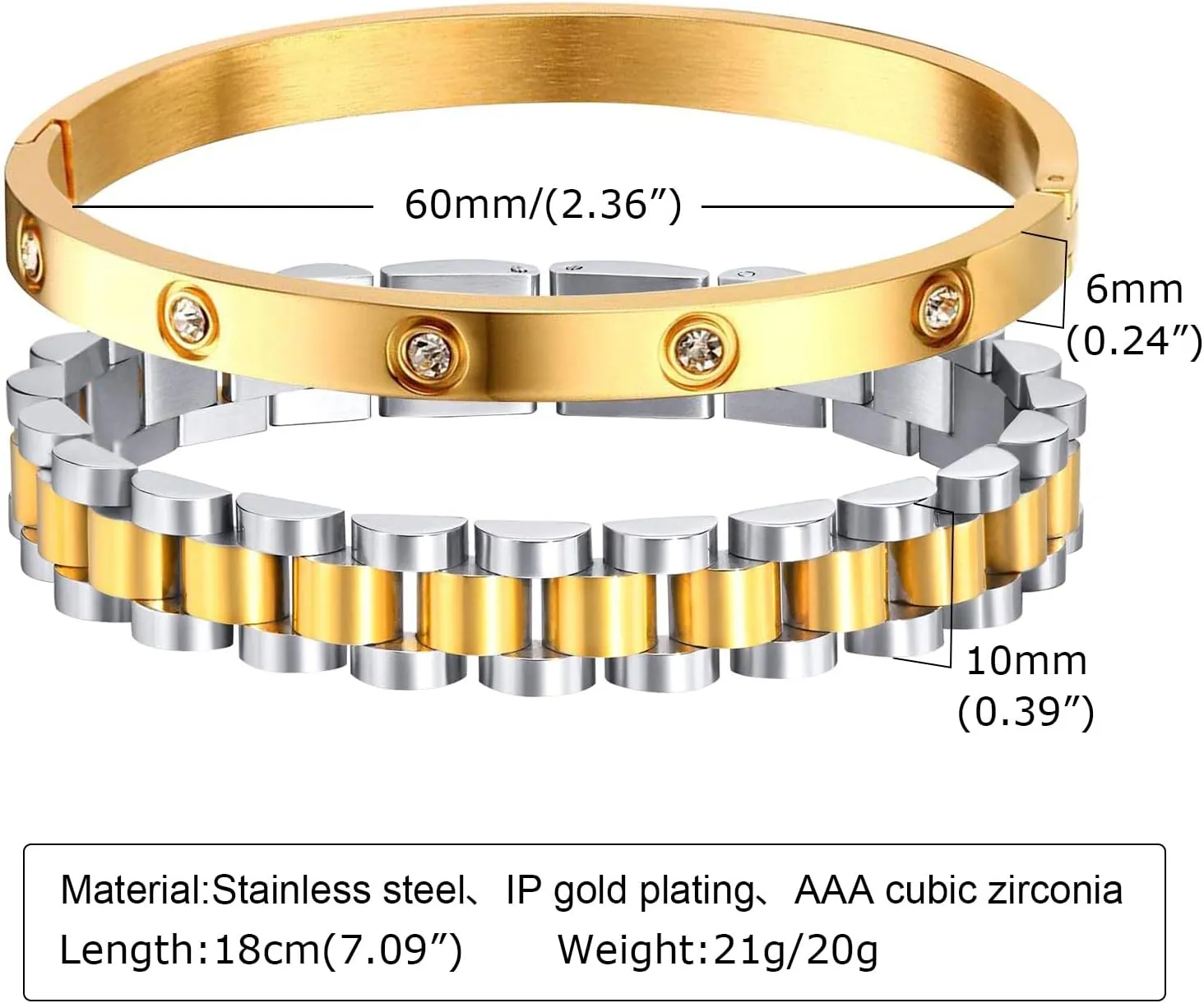 MPRAINBOW 2pcs Gold Chain Link Bracelet, Stainless Steel Crystal Friendship Bracelets Bangle,Watch Band Chains Wristband Jewelry with Adjust Tool