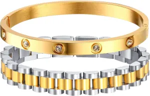 MPRAINBOW 2pcs Gold Chain Link Bracelet, Stainless Steel Crystal Friendship Bracelets Bangle,Watch Band Chains Wristband Jewelry with Adjust Tool