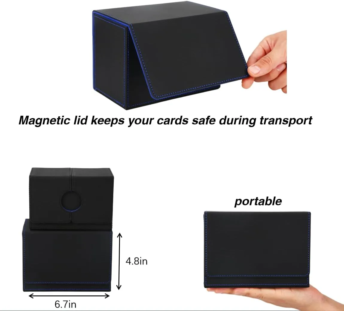 MTG Deck Box for Commander Display with Dice Tray, Double Deck Case Fits 160 Double Sleeved/200 Single Sleeved Trading Cards, TCG Storage Box with 2 Dividers and 1 Magnetic Card Holder (Black＆Blue)