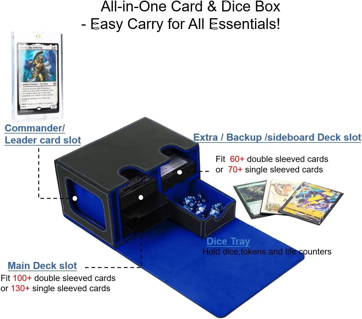 MTG Deck Box for Commander Display with Dice Tray, Double Deck Case Fits 160 Double Sleeved/200 Single Sleeved Trading Cards, TCG Storage Box with 2 Dividers and 1 Magnetic Card Holder (Black＆Blue)