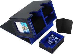 MTG Deck Box for Commander Display with Dice Tray, Double Deck Case Fits 160 Double Sleeved/200 Single Sleeved Trading Cards, TCG Storage Box with 2 Dividers and 1 Magnetic Card Holder (Black＆Blue)