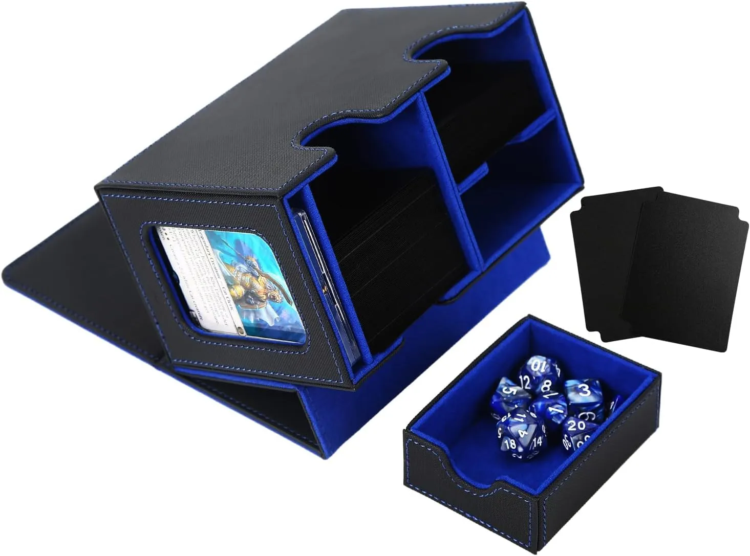 MTG Deck Box for Commander Display with Dice Tray, Double Deck Case Fits 160 Double Sleeved/200 Single Sleeved Trading Cards, TCG Storage Box with 2 Dividers and 1 Magnetic Card Holder (Black＆Blue)