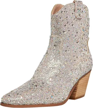 MUCCCUTE Women's Rhinestone Mid Calf Boots Sparkly Block Heel Cowboy Boots Glitter Boots