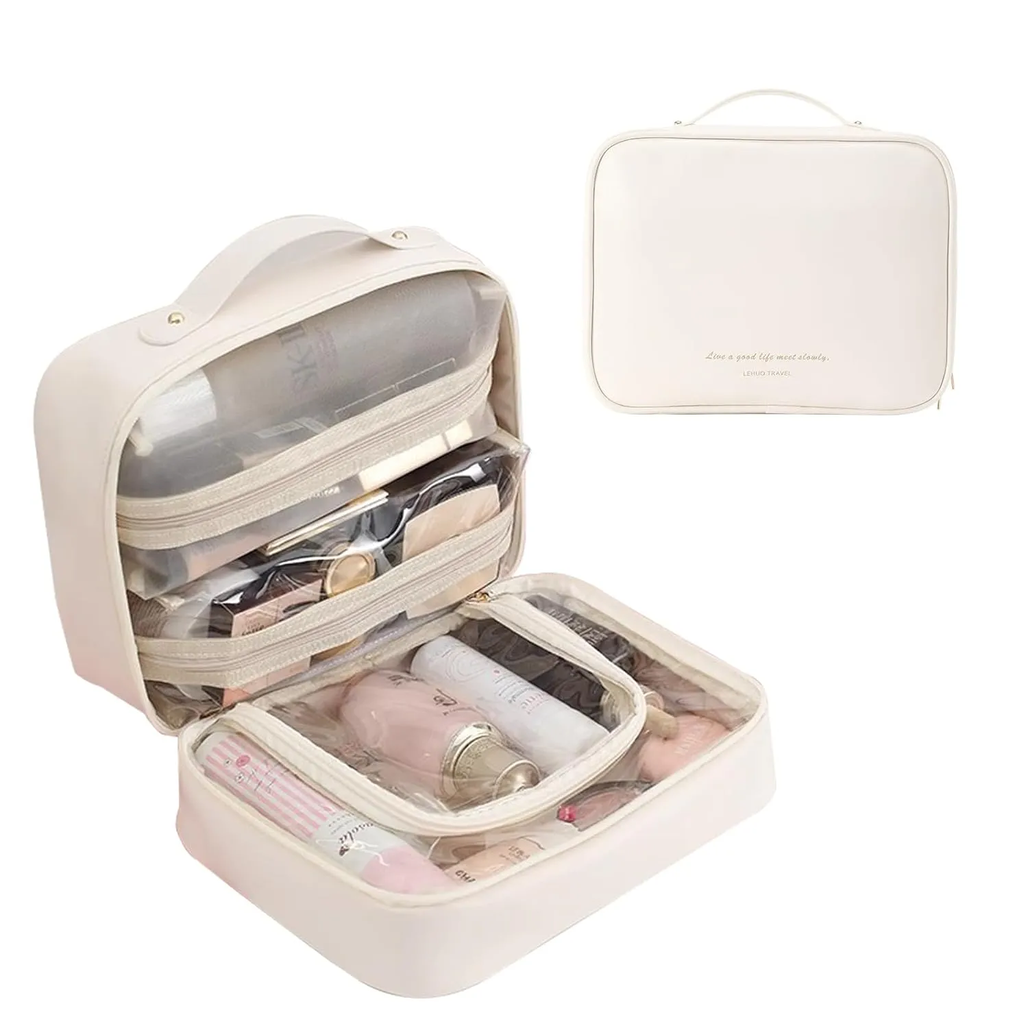 Multi Compartment Toiletry Cosmetic Bag, PU Large Makeup Bag, Set Patient Travel Bag for Women Girls (White)