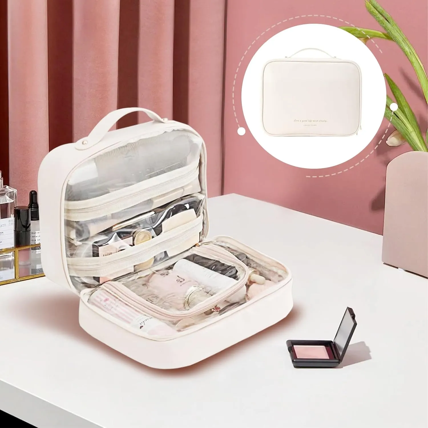 Multi Compartment Toiletry Cosmetic Bag, PU Large Makeup Bag, Set Patient Travel Bag for Women Girls (White)