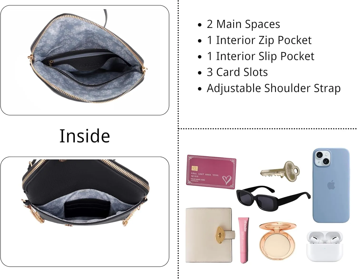Multicompartment Crossbody Bag with Flap Closure, Adjustable Strap, Interior Zipper Pocket, 3 Card Slots