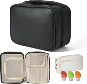Multicompartment Toiletry Cosmetics Bag,Set Patient Travel Makeup Bag, Toiletry Bag For Women,Organizer For Accessories, PU Large makeup bag with compartments(black)