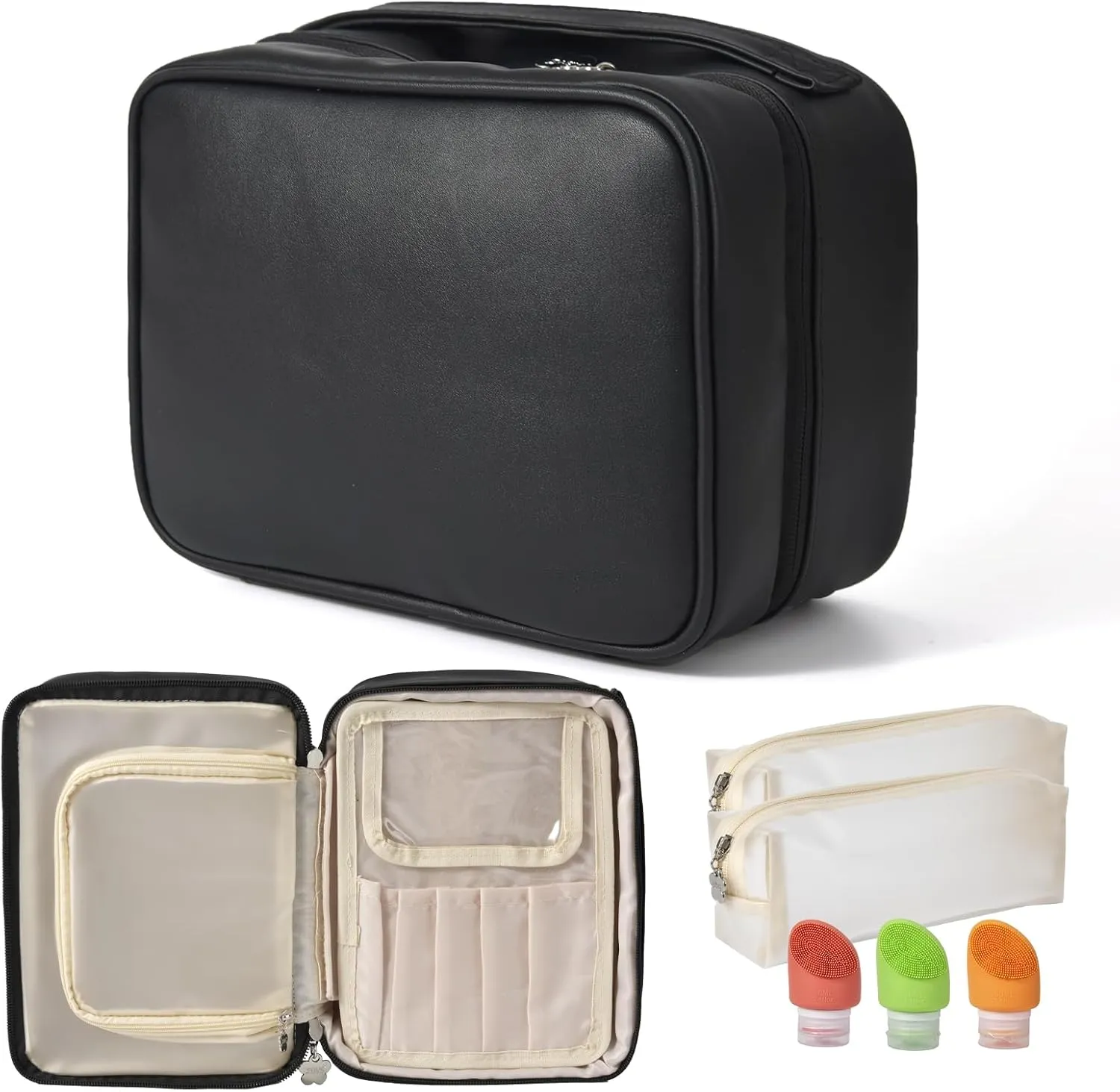 Multicompartment Toiletry Cosmetics Bag,Set Patient Travel Makeup Bag, Toiletry Bag For Women,Organizer For Accessories, PU Large makeup bag with compartments(black)
