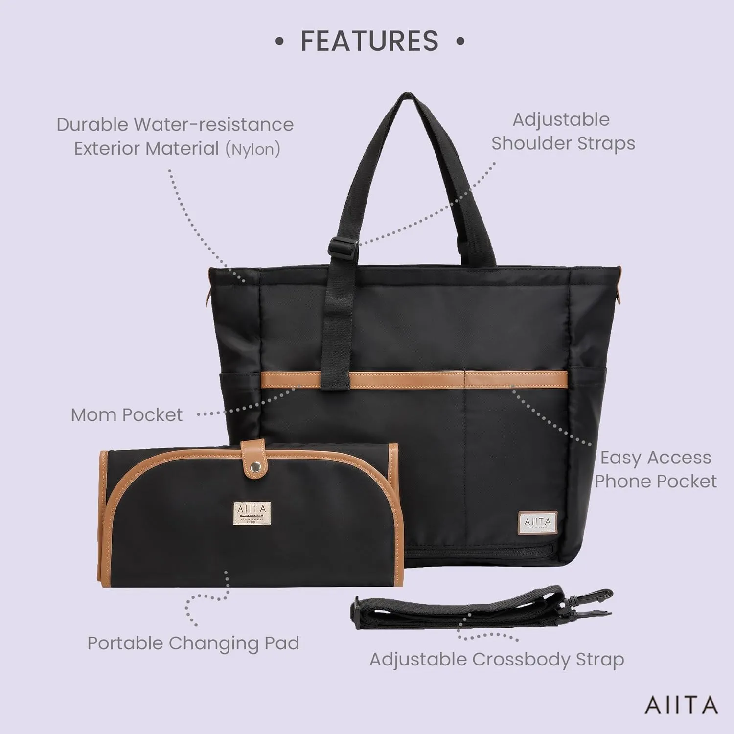 Multifunctional Diaper Tote Bag for Moms Dads, Large Water-Resistant Baby Bag with Insulated Pockets, Foldable Changing Pad, Lightweight Stylish Easy Clean Convertible Bag for Women Men, Black