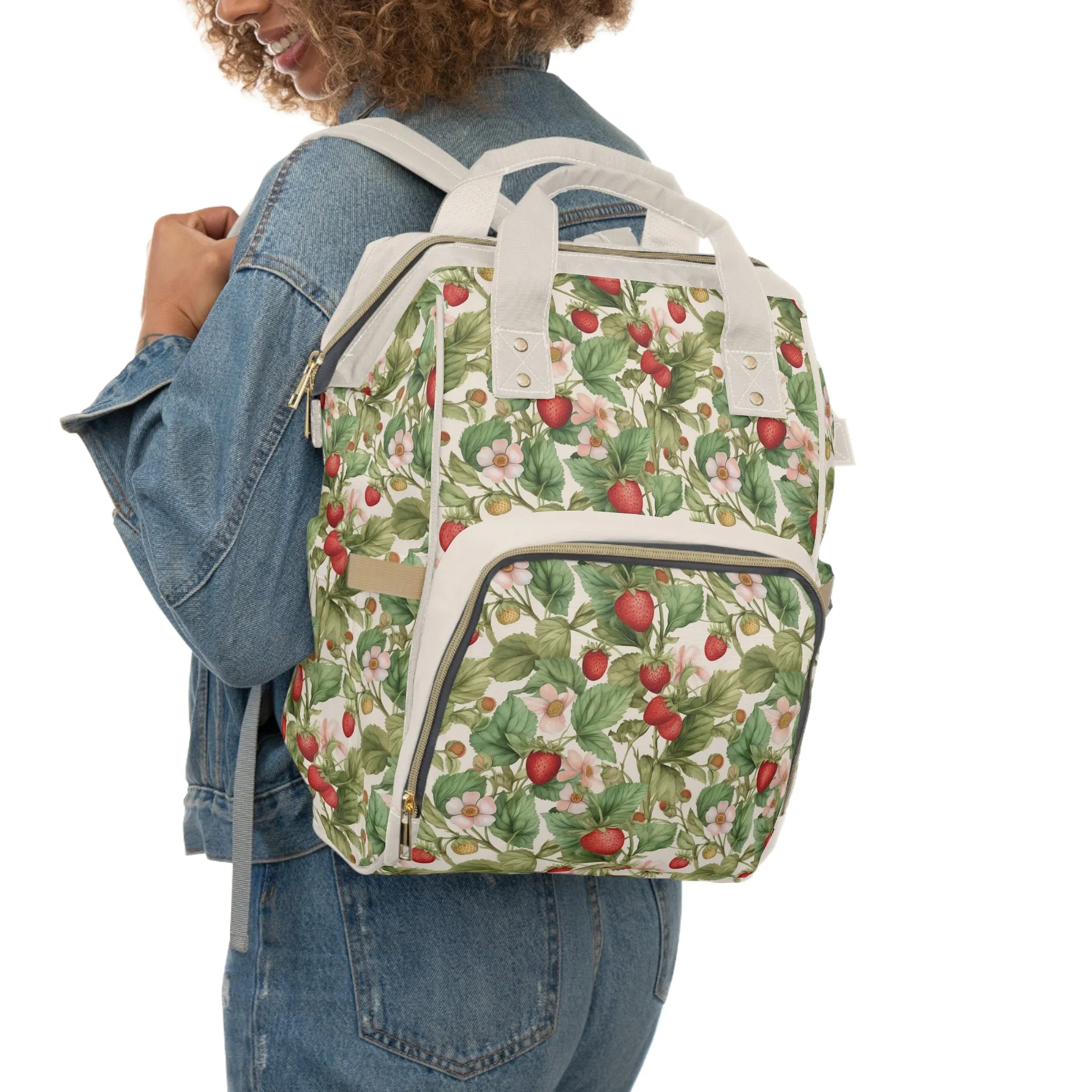 Multifunctional Strawberry Diaper Backpack - Convenient Storage for On-the-Go Parents