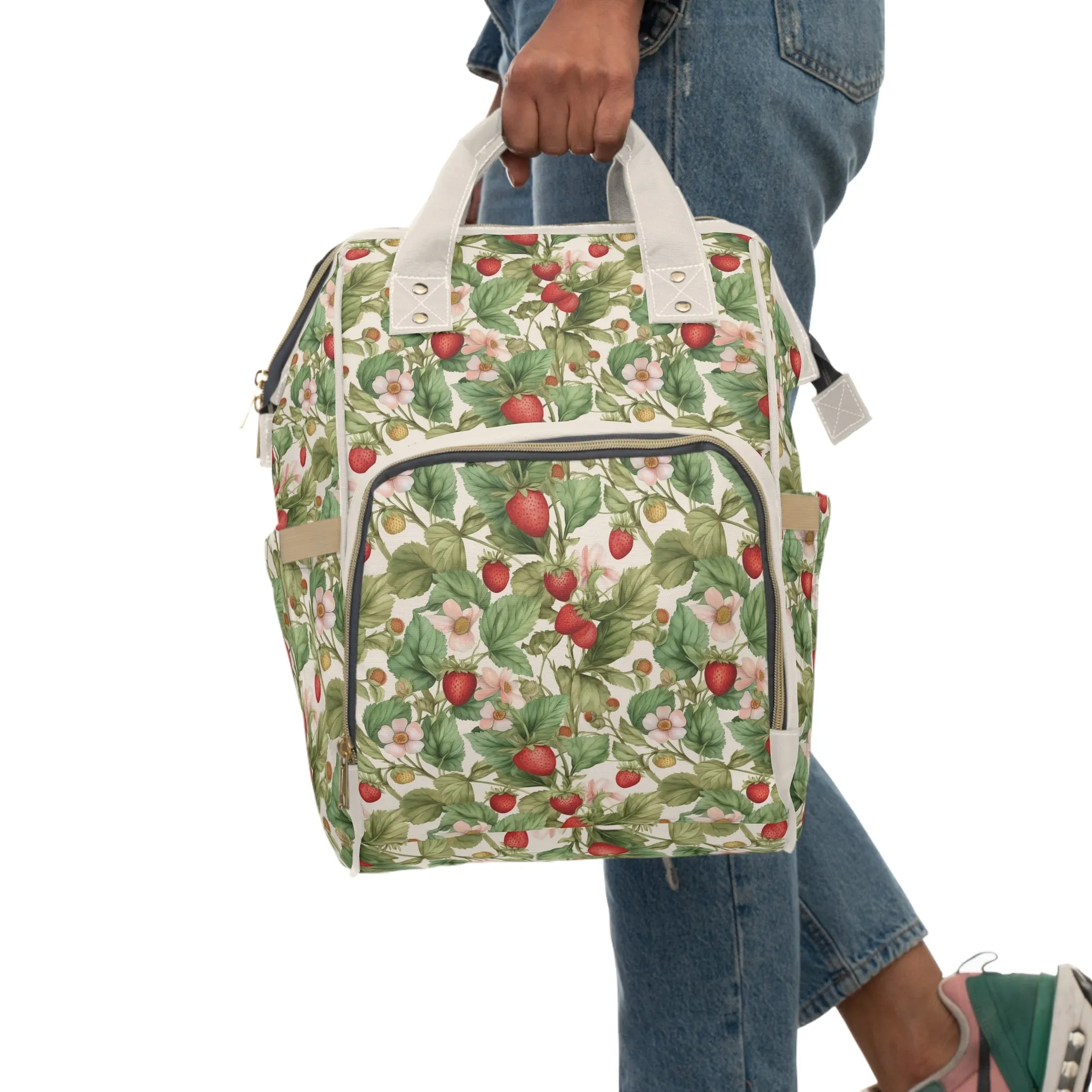 Multifunctional Strawberry Diaper Backpack - Convenient Storage for On-the-Go Parents